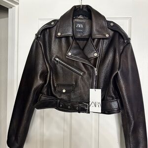 Zara Dark Brown Leather Biker Jacket